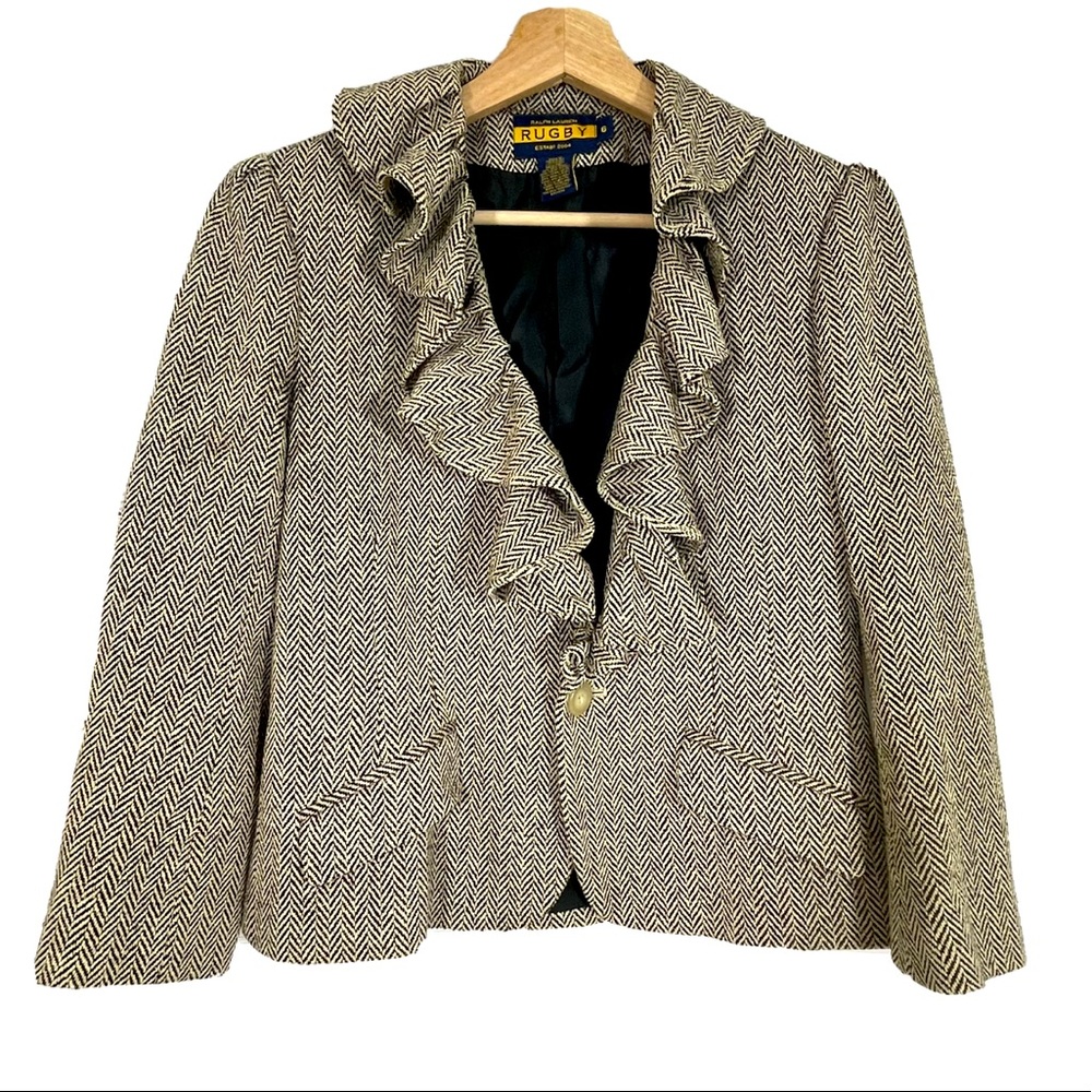 Ralph Lauren Rugby Herringbone Blazer Jacket Silk Wool Ruffle Tan Sz 6